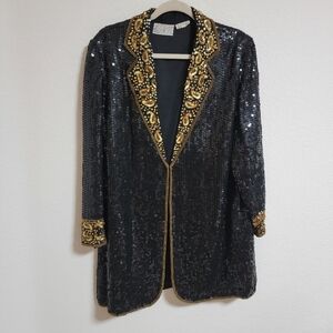 Vintage Rina Z Elegant Black and Gold Sequin and Beaded Jacket
